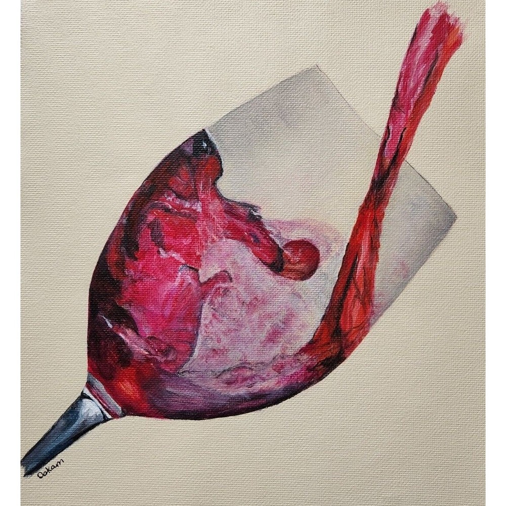 Red Wine Glass Pour Acrylic Canvas Original Painting 9x12 Handmade